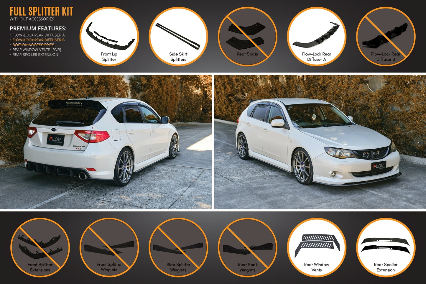 Flow Designs Impreza WRX/RS G3 Hatch PFL Full Lip Splitter Set