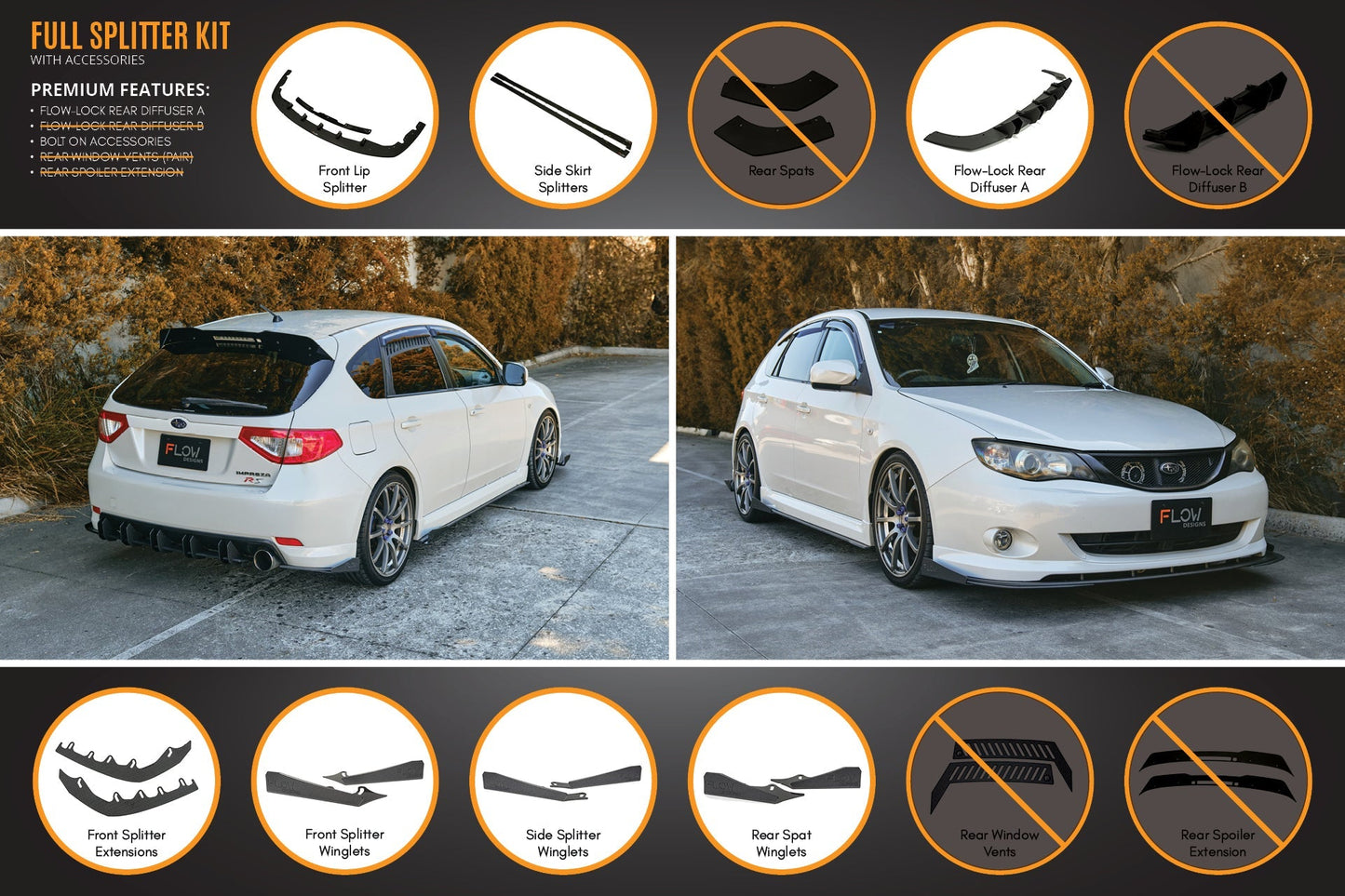 Flow Designs Impreza WRX/RS G3 Hatch PFL Full Lip Splitter Set