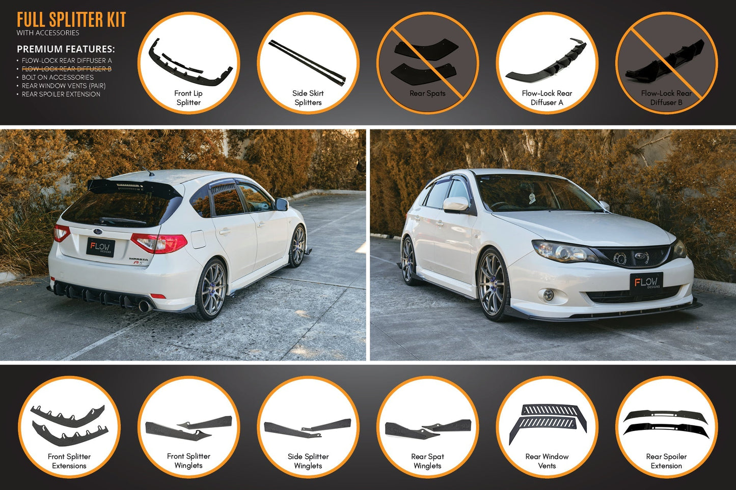 Flow Designs Impreza WRX/RS G3 Hatch PFL Full Lip Splitter Set