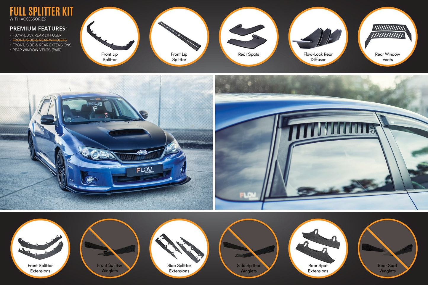Flow Designs Impreza WRX / STI G3 Hatch (FL) Full Lip Splitter Set