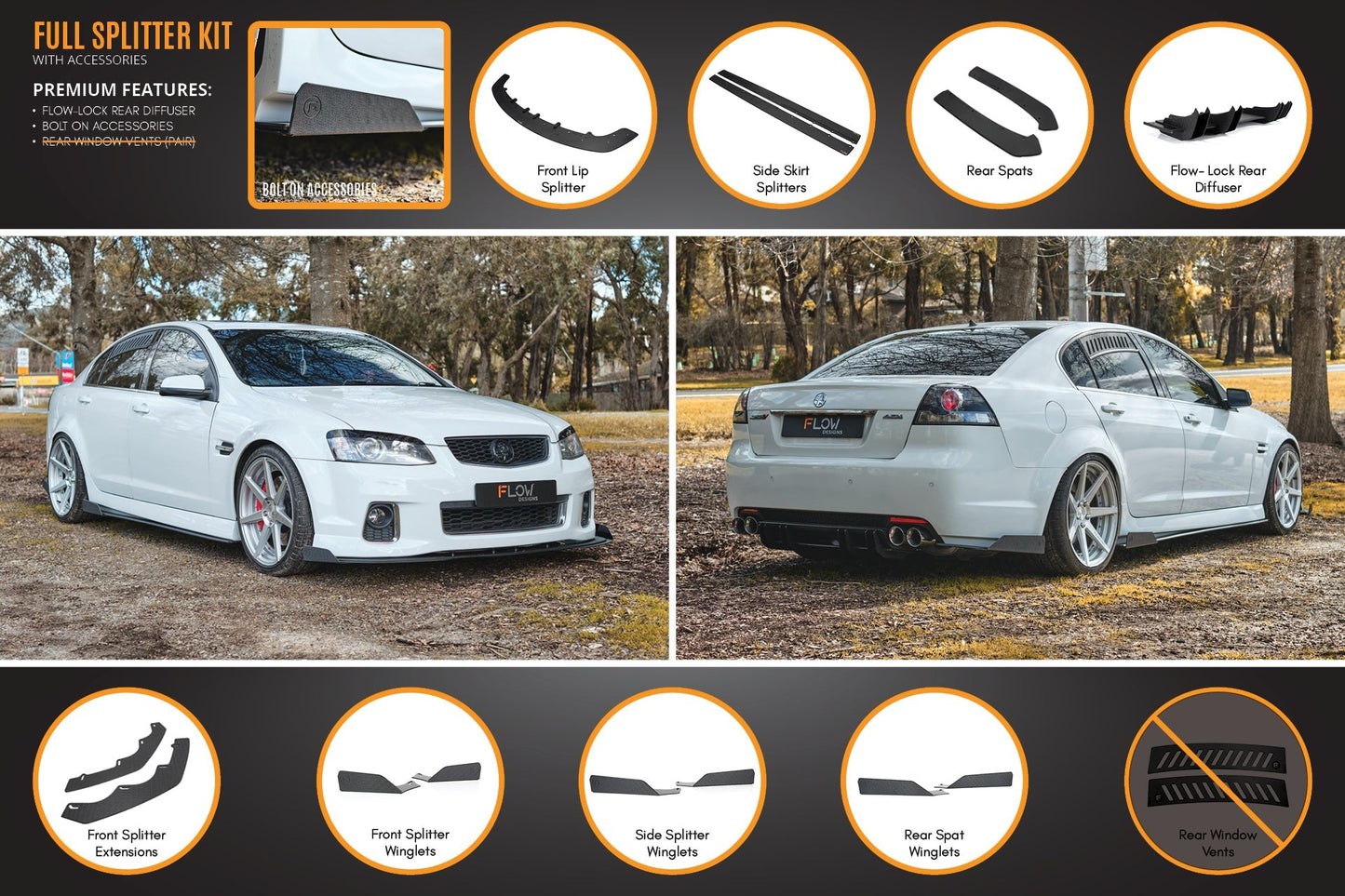 Flow Designs VE Commodore S2 Sedan Full Lip Splitter Set