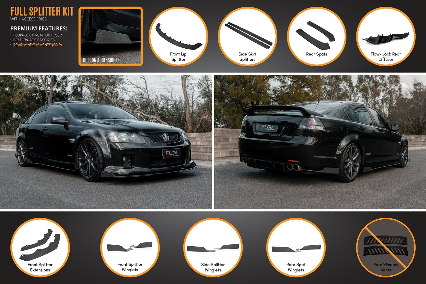 Flow Designs VE Commodore S1 Sedan Full Lip Splitter Set