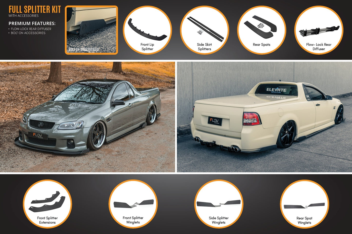 Flow Designs VE Commodore Ute Full Lip Splitter Set