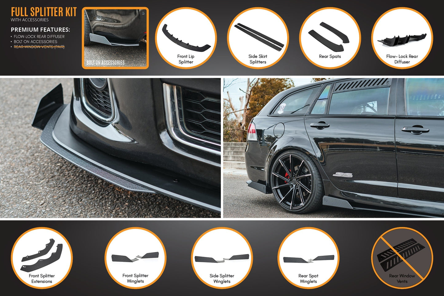 Flow Designs VE Commodore S1 Wagon Full Lip Splitter Set