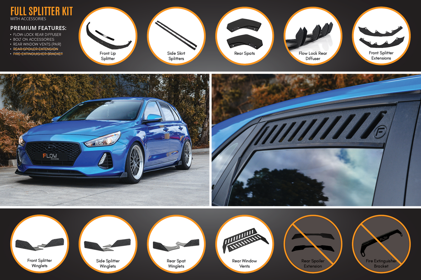 Flow Designs i30 SR Hatch (2017-2018) Full Lip Splitter Set