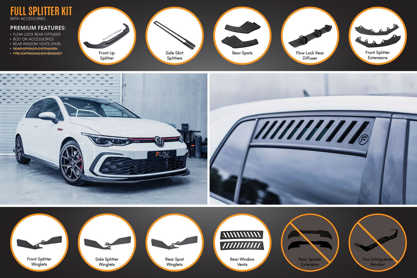 Flow Designs MK8 Golf GTI Full Lip Splitter Set