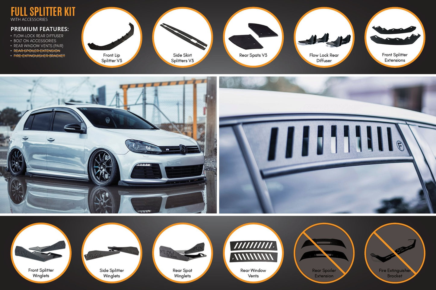 Flow Designs MK6 Golf R Full Lip Splitter Set WITHOUT Accessories