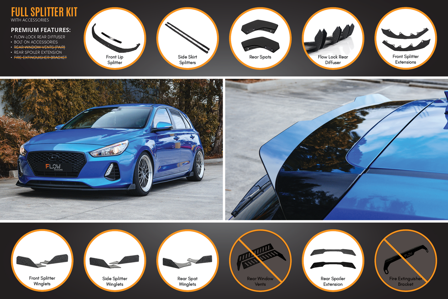 Flow Designs i30 SR Hatch (2017-2018) Full Lip Splitter Set