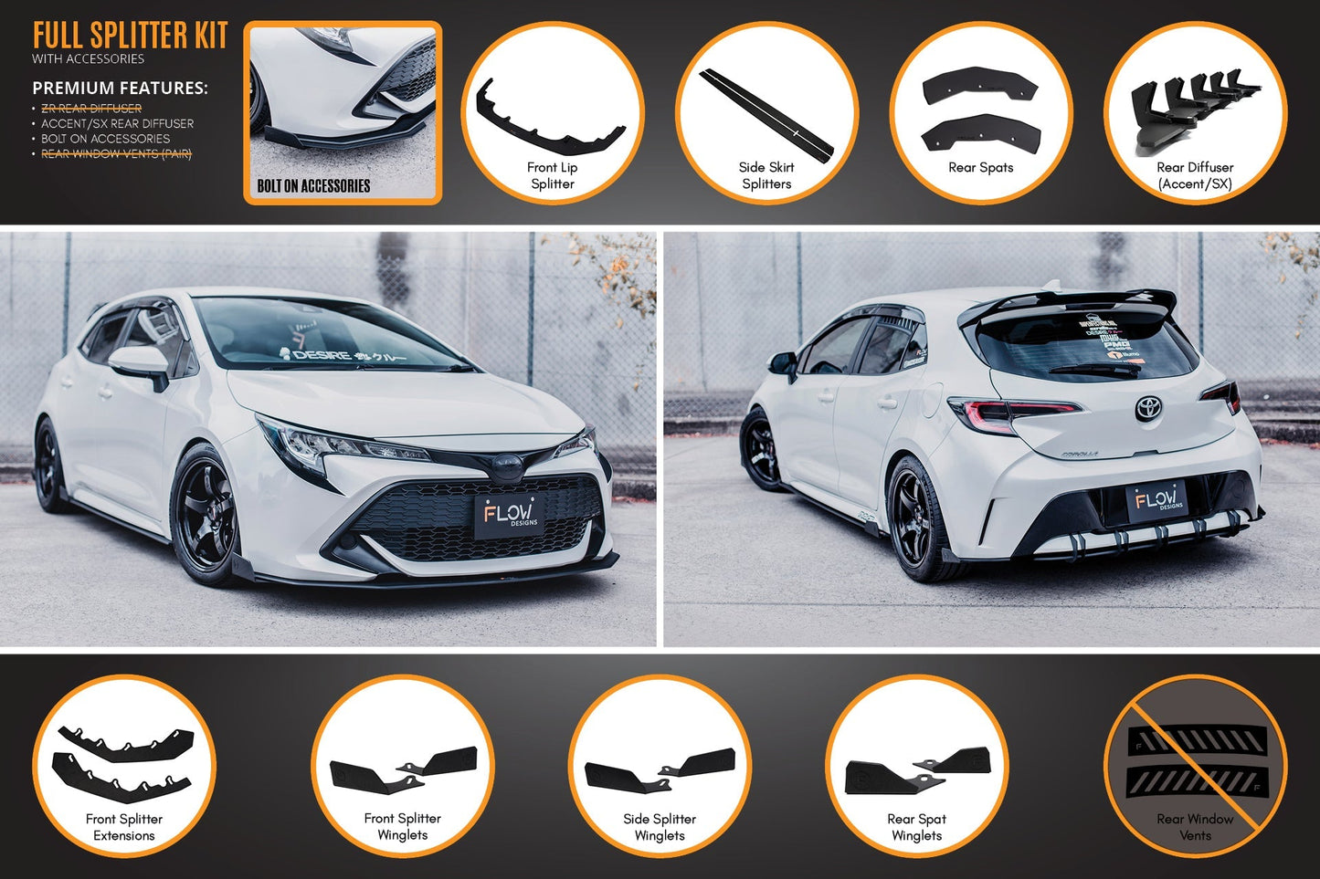 Flow Designs Corolla MZEA12R/ZWE211R 2018-2022 Full Lip Splitter Set