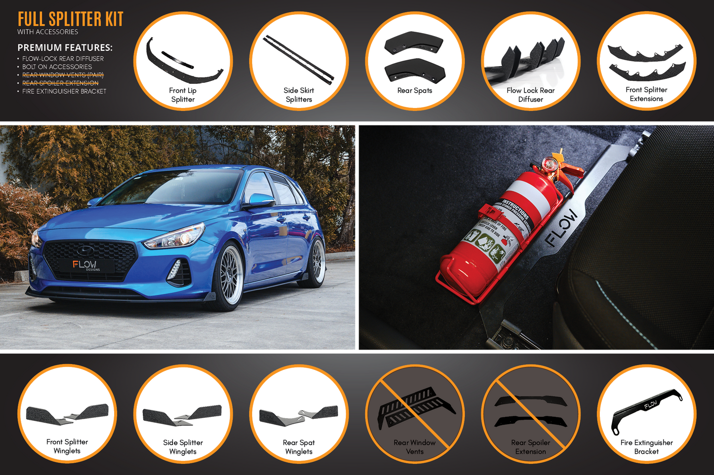 Flow Designs i30 SR Hatch (2017-2018) Full Lip Splitter Set