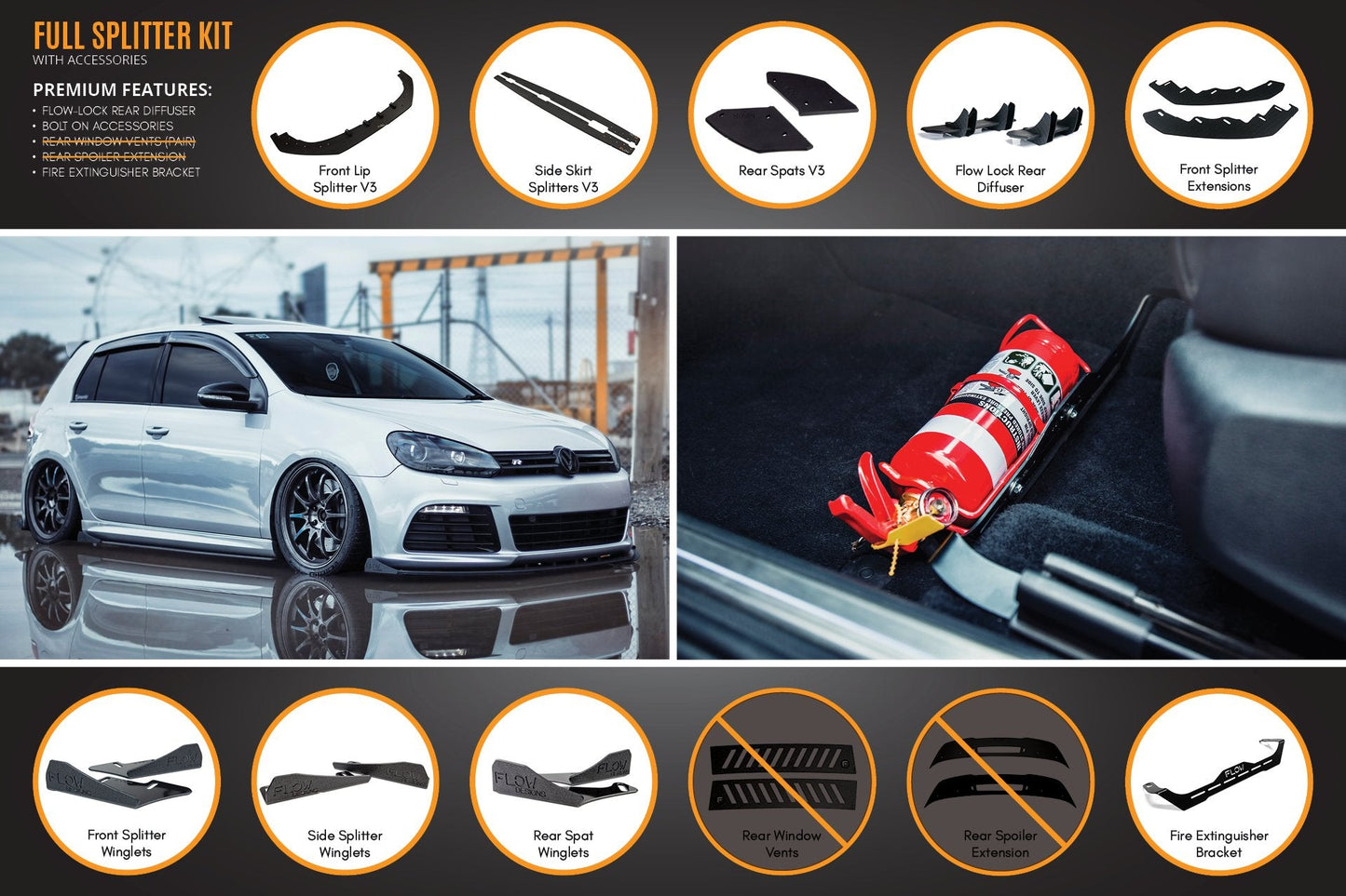 Flow Designs MK6 Golf R Full Lip Splitter Set WITHOUT Accessories