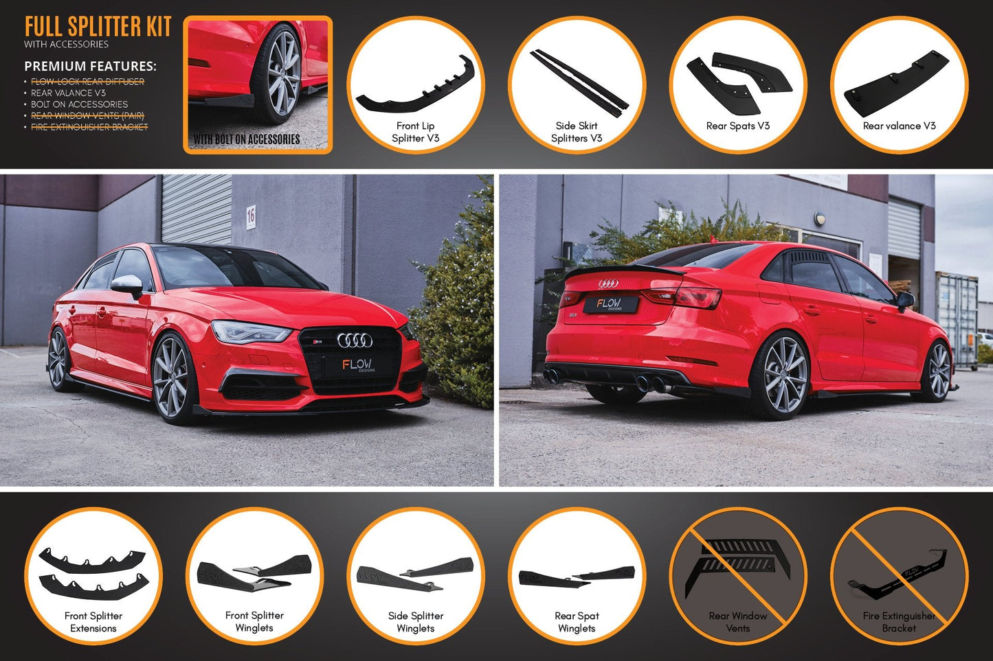 Flow Designs S3 8V Sedan Pre-Facelift V3 Full Lip Splitter Set