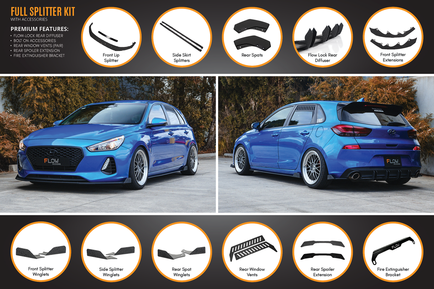 Flow Designs i30 SR Hatch (2017-2018) Full Lip Splitter Set