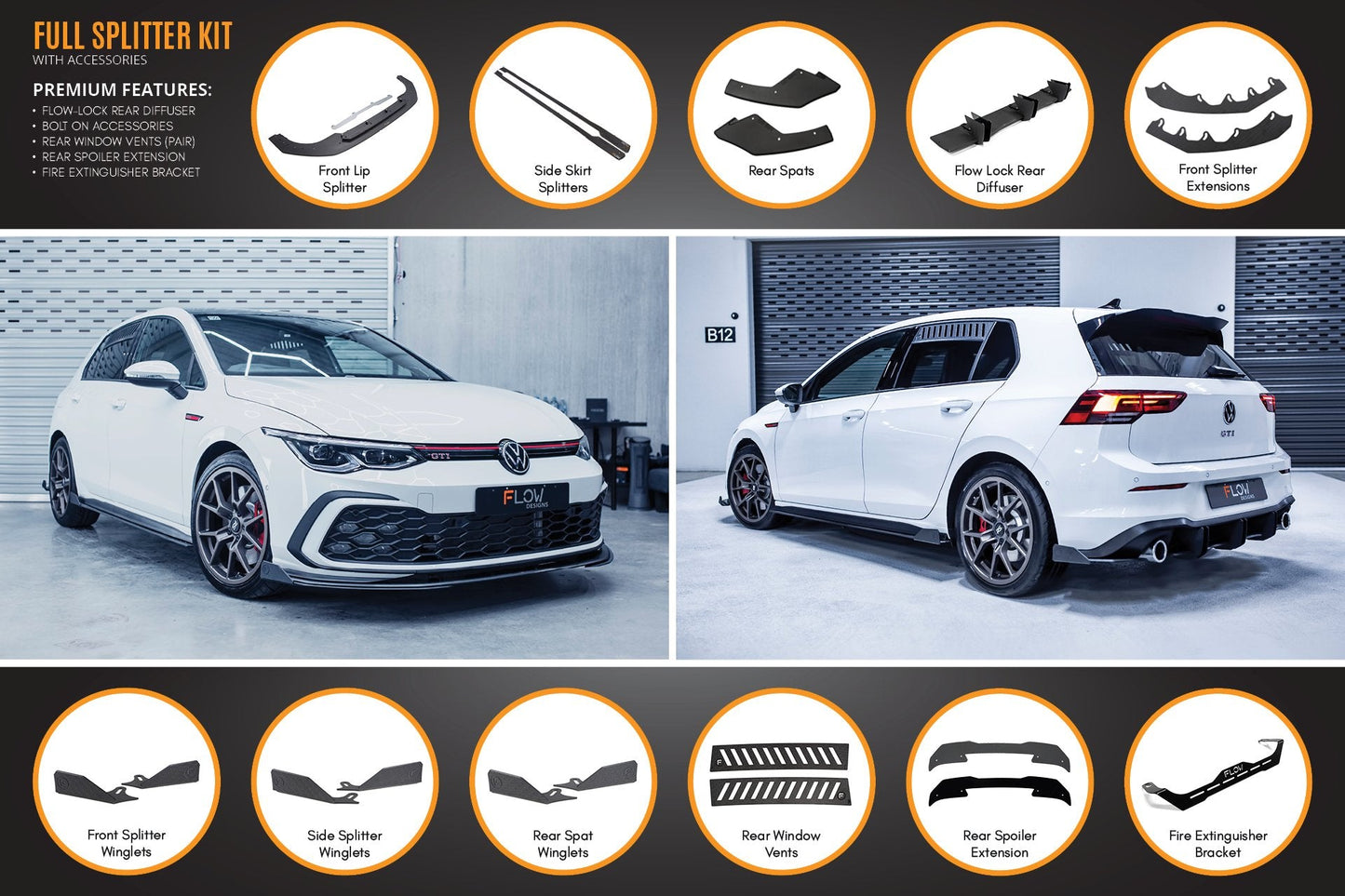 Flow Designs MK8 Golf GTI Full Lip Splitter Set