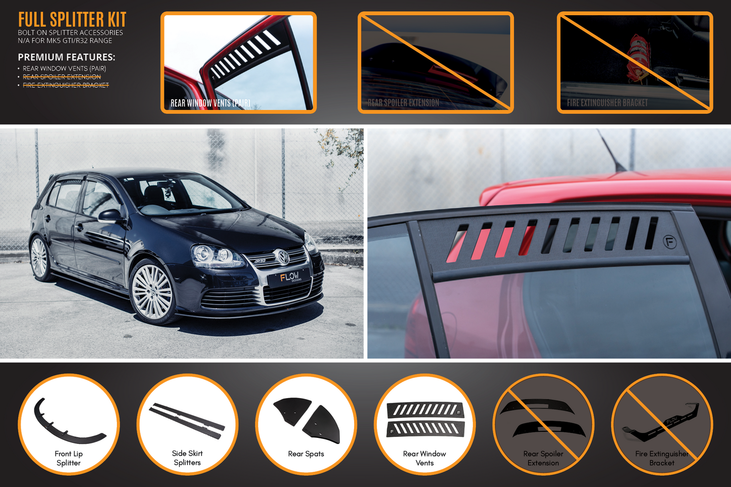 Flow Designs MK5 Golf R32 Full Lip Splitter Set