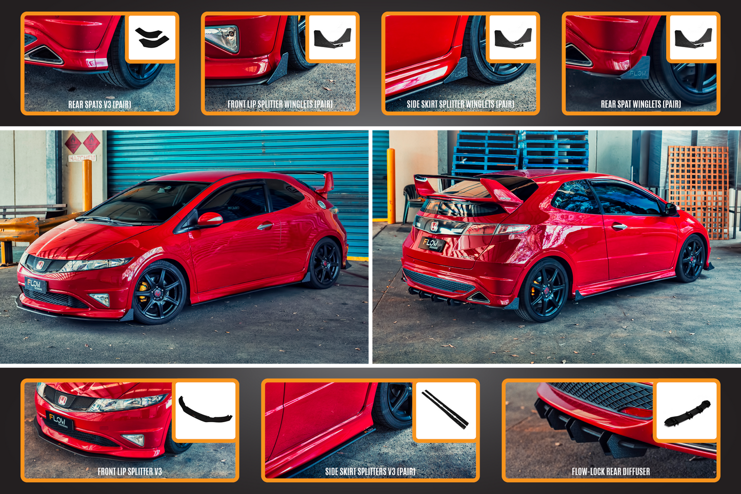 Flow Designs FN2 Civic Type R Full Lip Splitter Set
