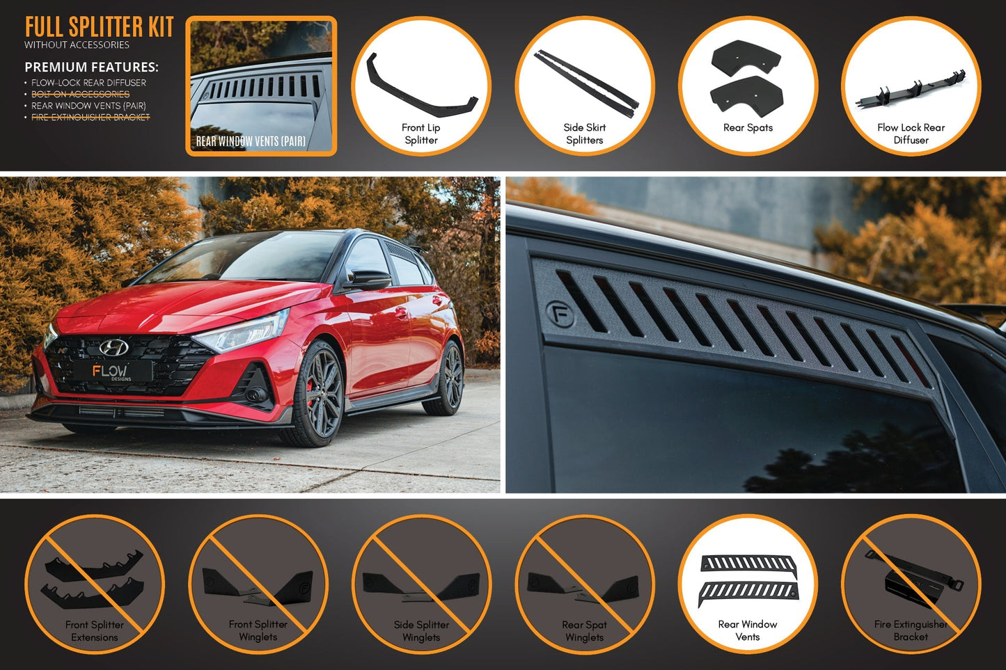 Flow Designs i20 N BC3 Pre-Facelift Full Lip Splitter Set