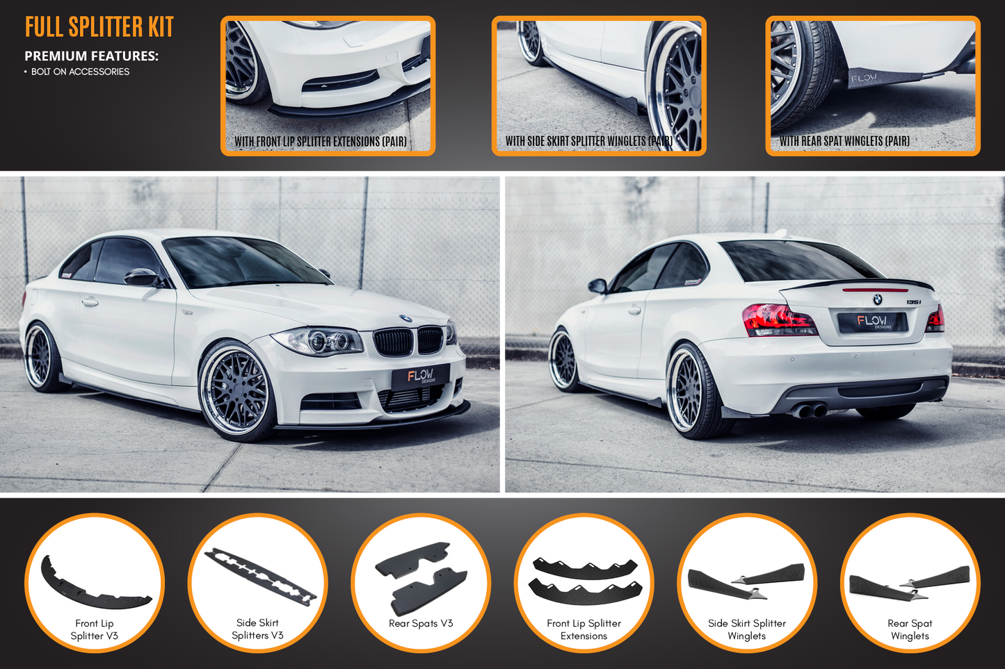 Flow Designs E82 M Sport Full Lip Splitter Set