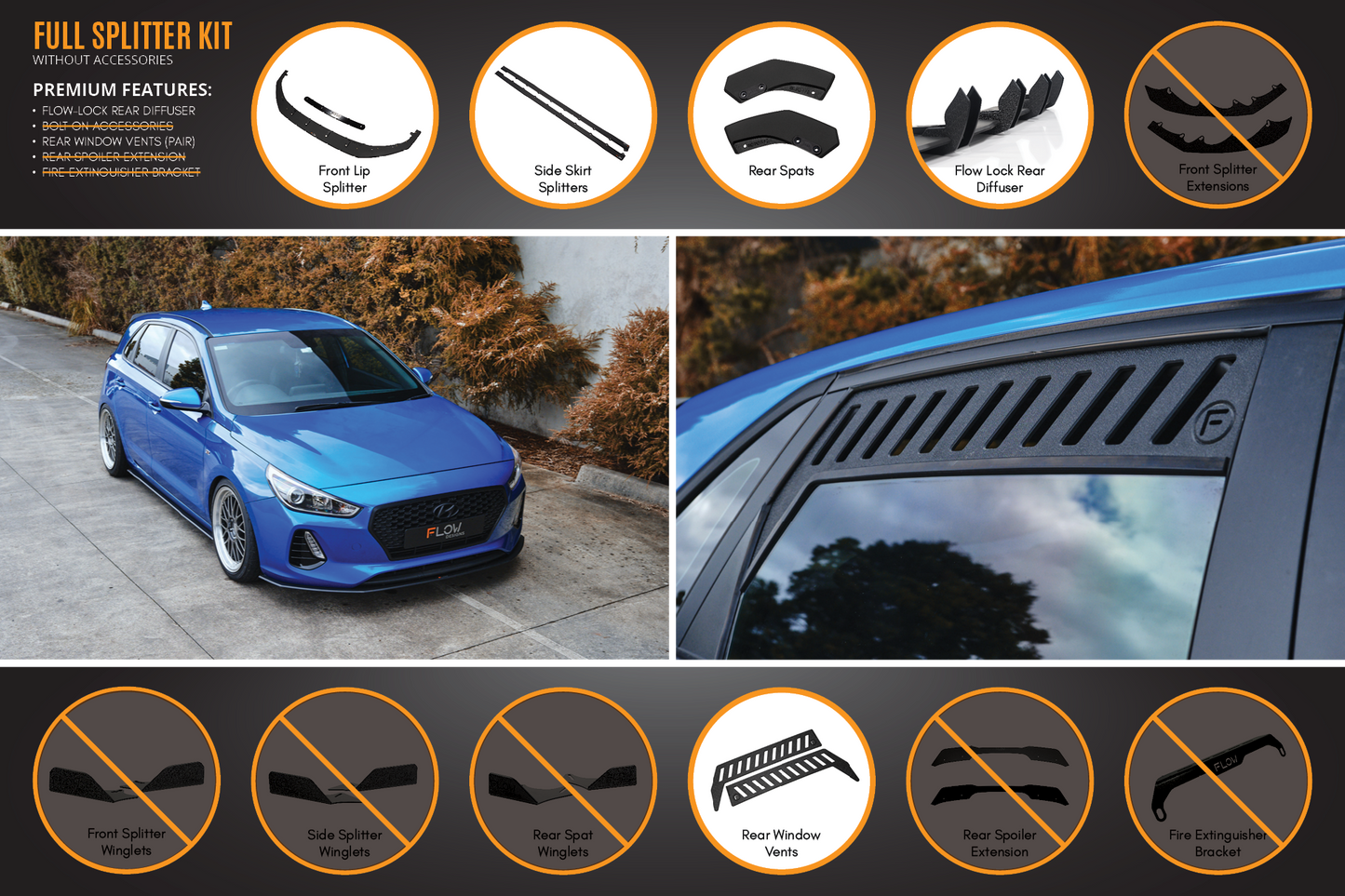 Flow Designs i30 SR Hatch (2017-2018) Full Lip Splitter Set