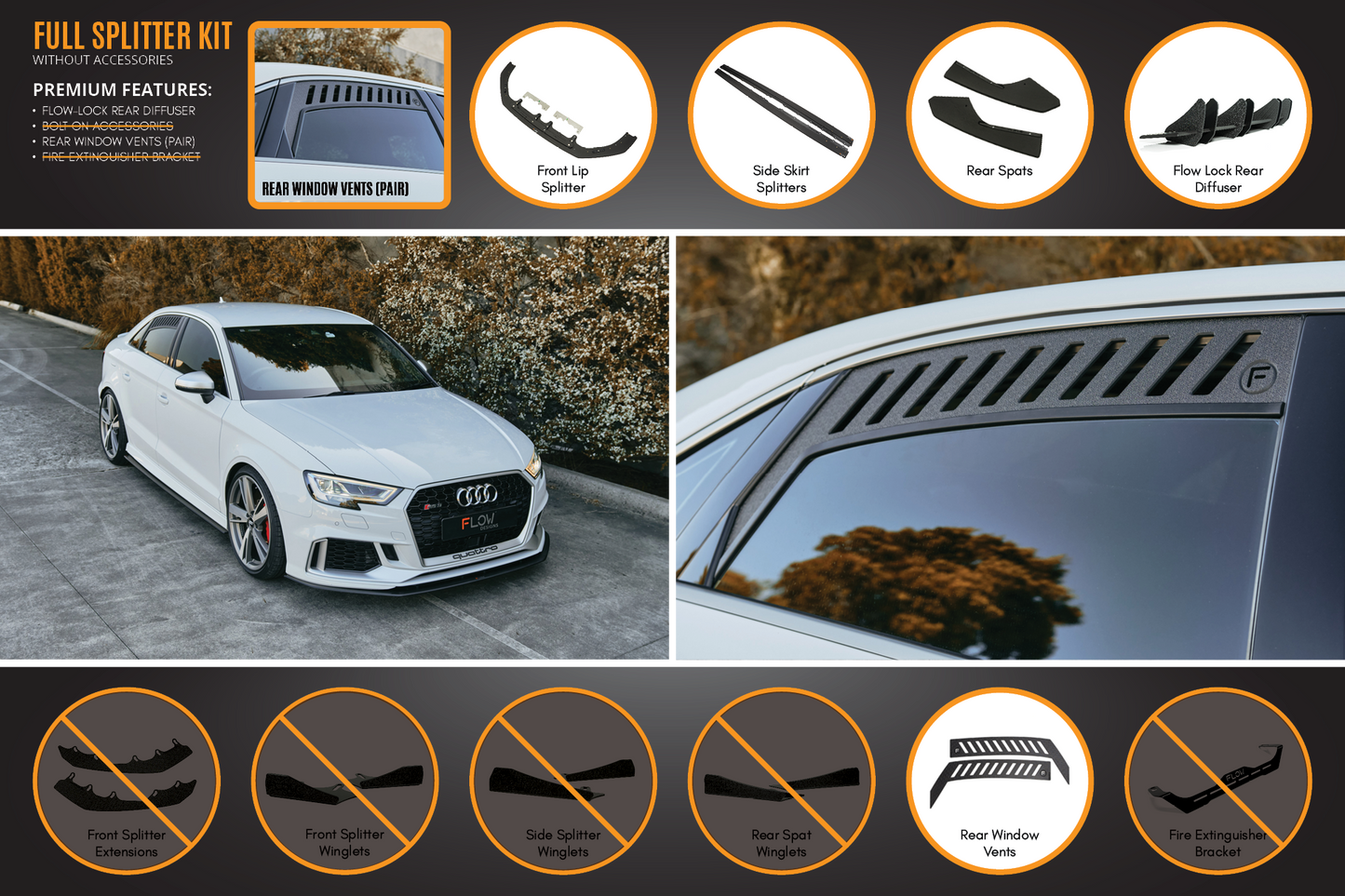 Flow Designs RS3 8V Sedan Facelift Full Lip Splitter Set