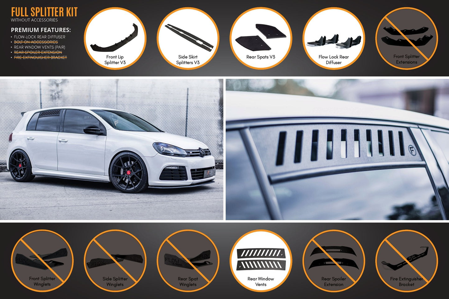 Flow Designs MK6 Golf R Full Lip Splitter Set WITHOUT Accessories