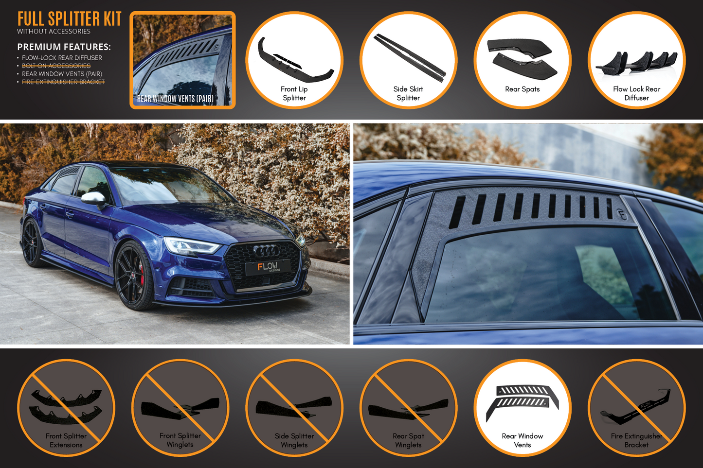 Flow Designs S3 8V Sedan Facelift Full Lip Splitter Set