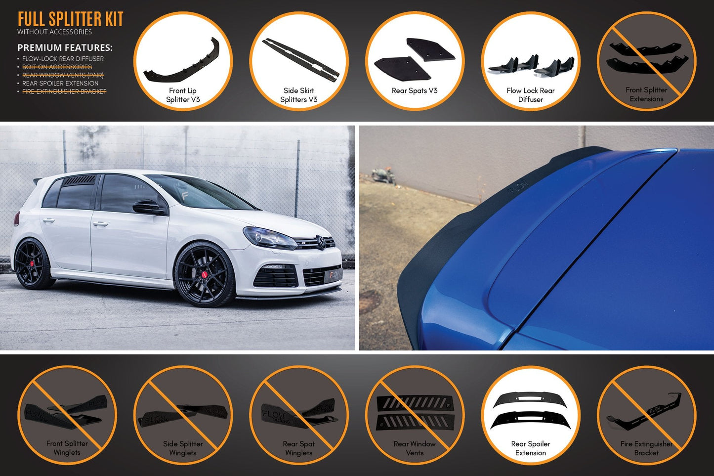 Flow Designs MK6 Golf R Full Lip Splitter Set WITHOUT Accessories