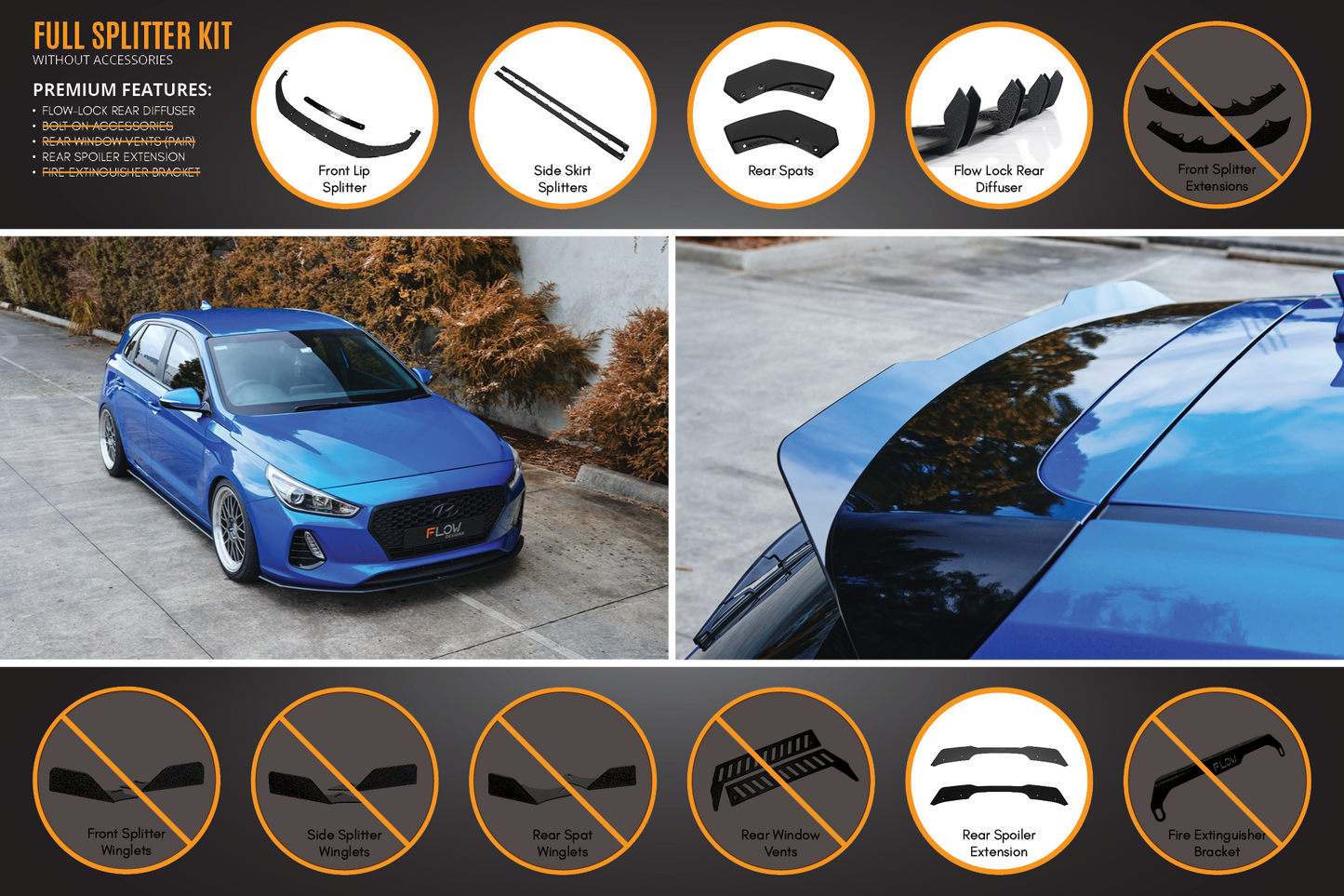 Flow Designs i30 SR Hatch (2017-2018) Full Lip Splitter Set