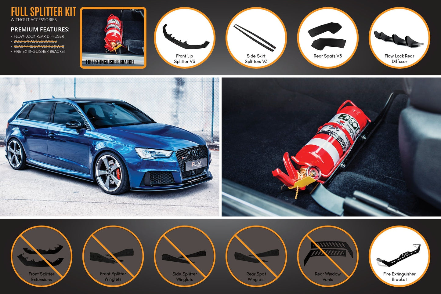 Flow Designs RS3 8V Sportback (Pre-Facelift) Full Lip Splitter Set