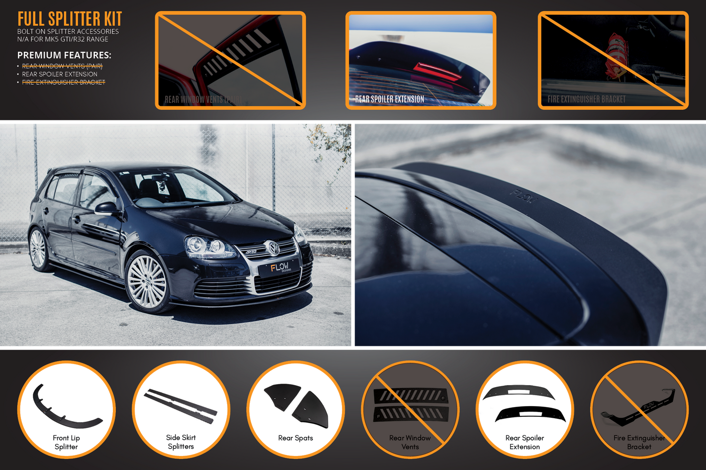 Flow Designs MK5 Golf R32 Full Lip Splitter Set