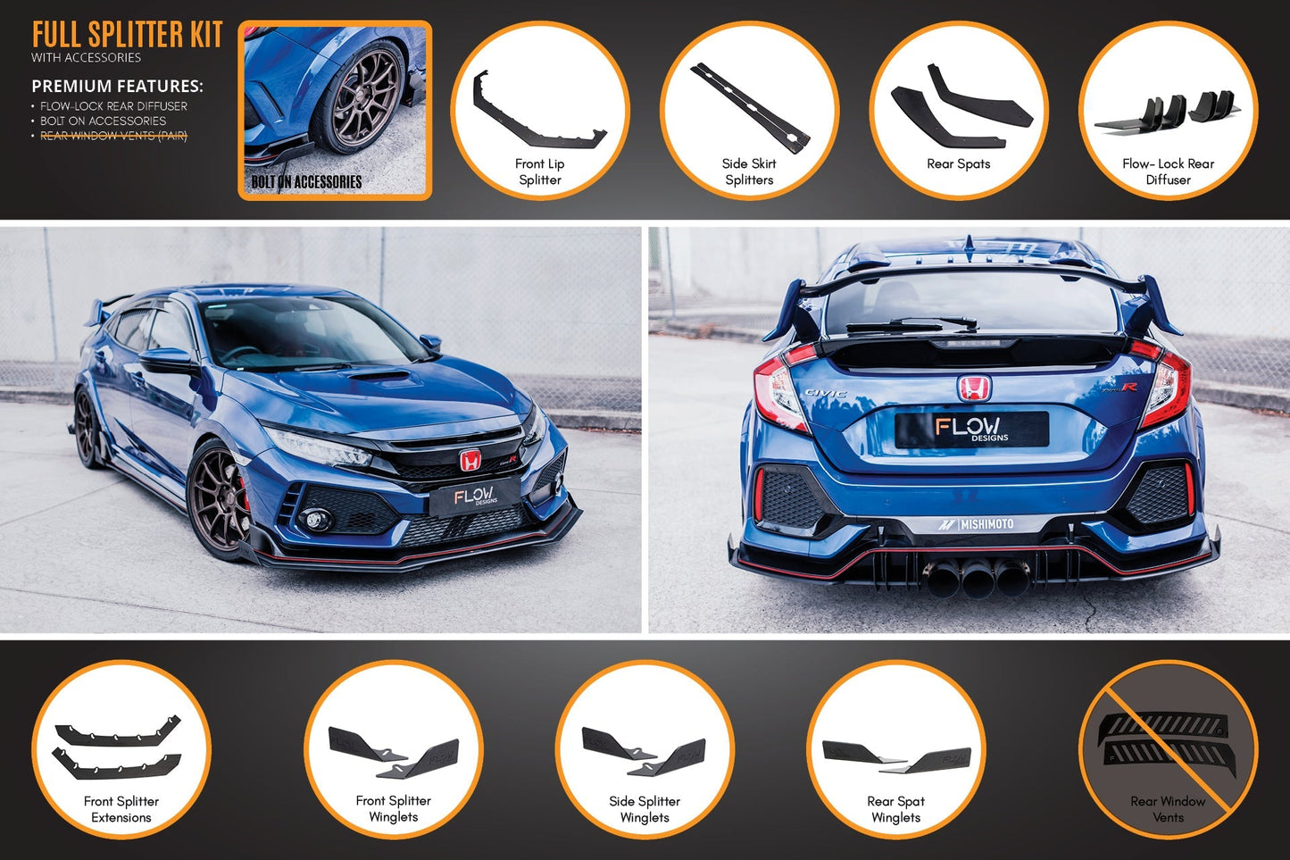 Flow Designs FK8 Civic Type R Full Lip Splitter Set