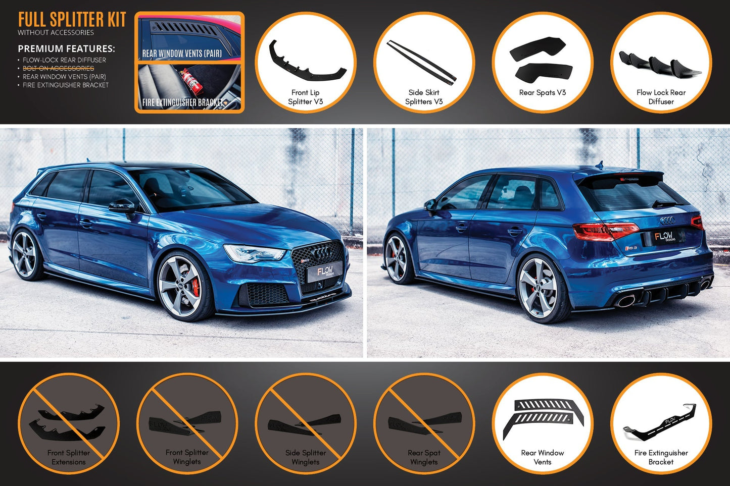 Flow Designs RS3 8V Sportback (Pre-Facelift) Full Lip Splitter Set