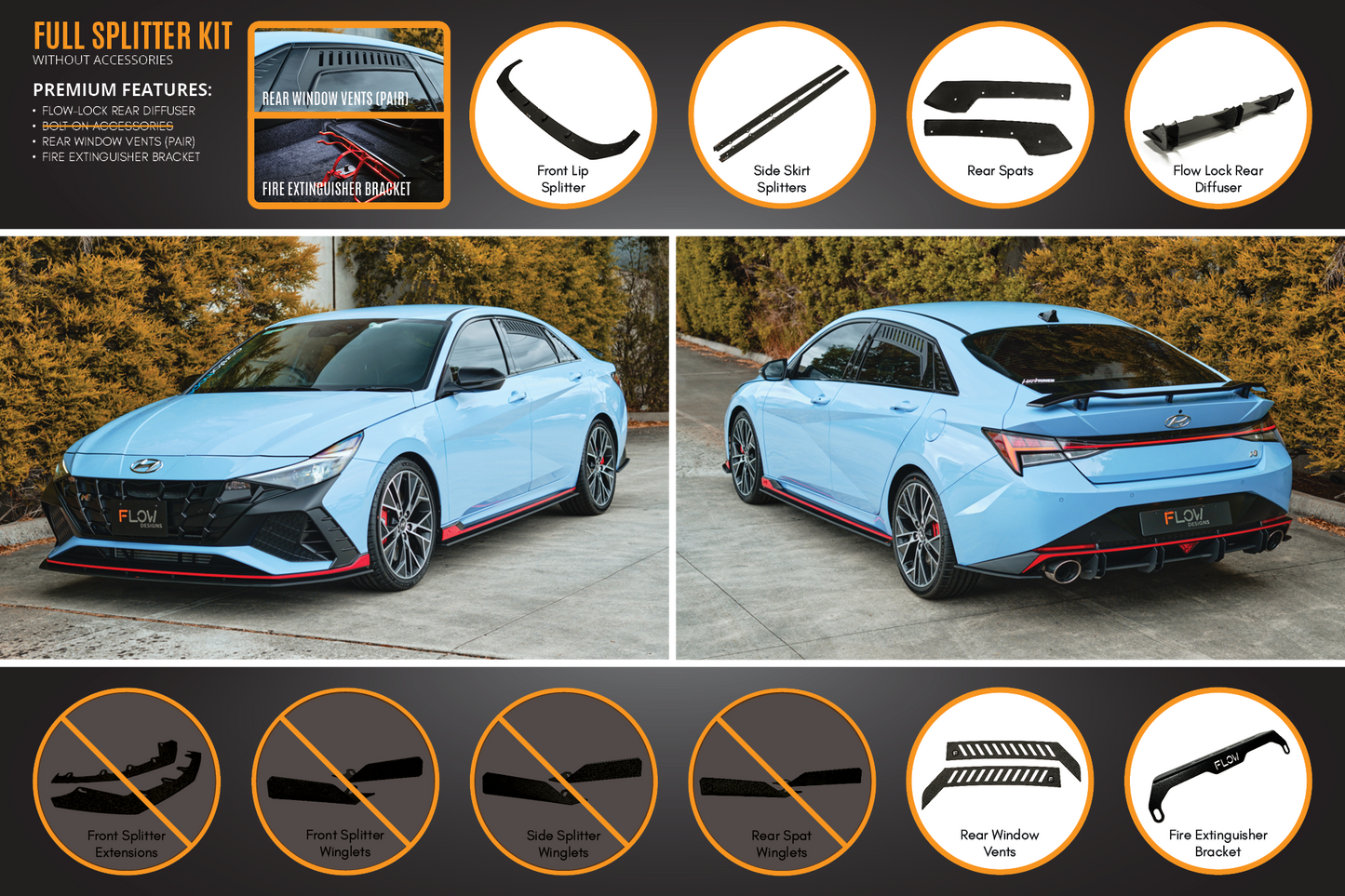 Flow Designs CN7 i30N Sedan 2021-2023 Full Lip Splitter Set