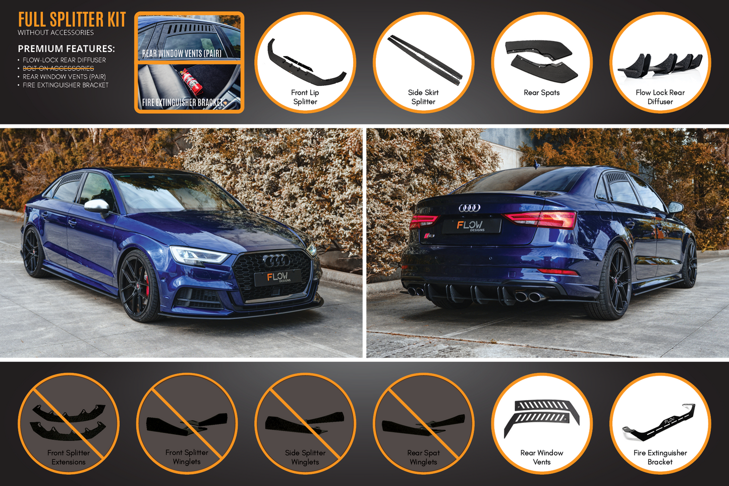 Flow Designs S3 8V Sedan Facelift Full Lip Splitter Set