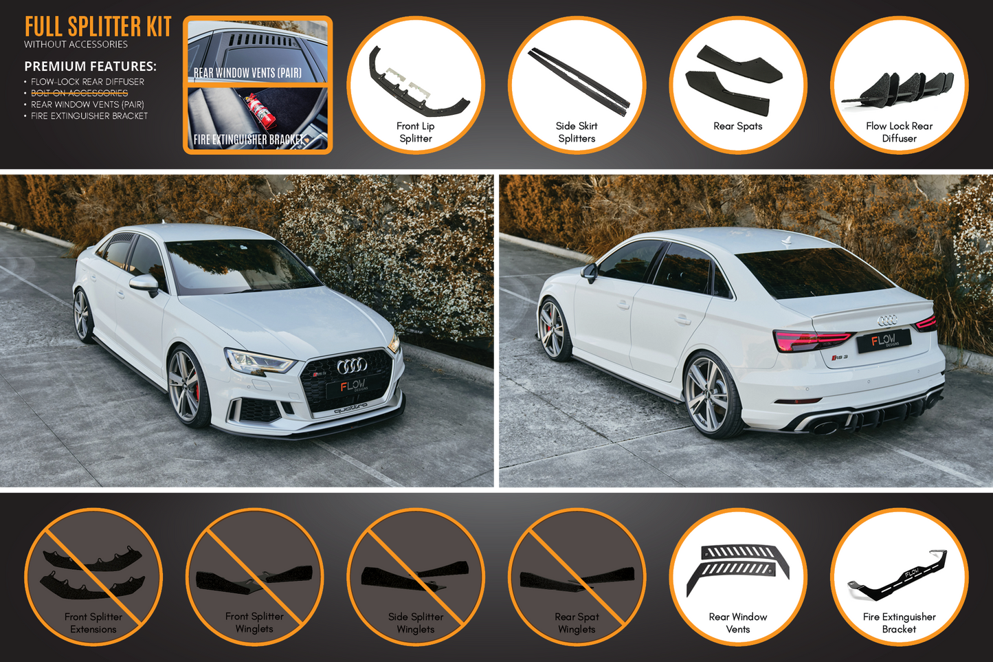 Flow Designs RS3 8V Sedan Facelift Full Lip Splitter Set