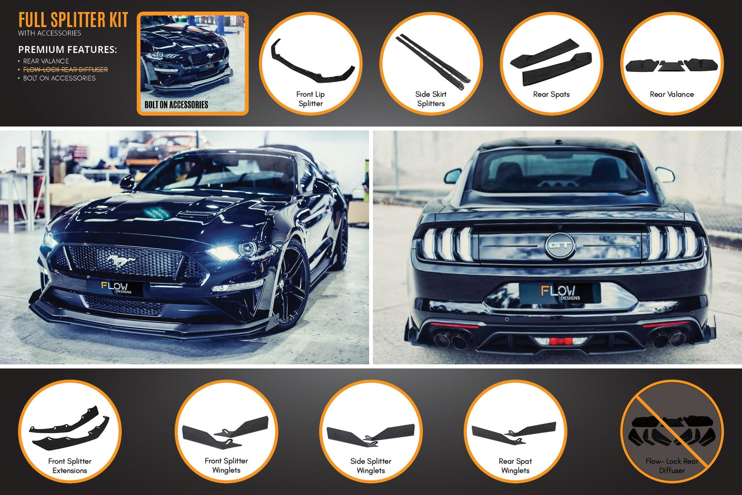 Flow Designs GT Mustang S550 FN Full Lip Splitter Set