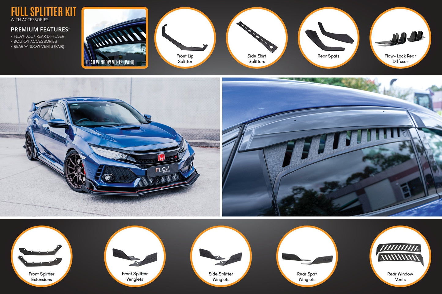 Flow Designs FK8 Civic Type R Full Lip Splitter Set
