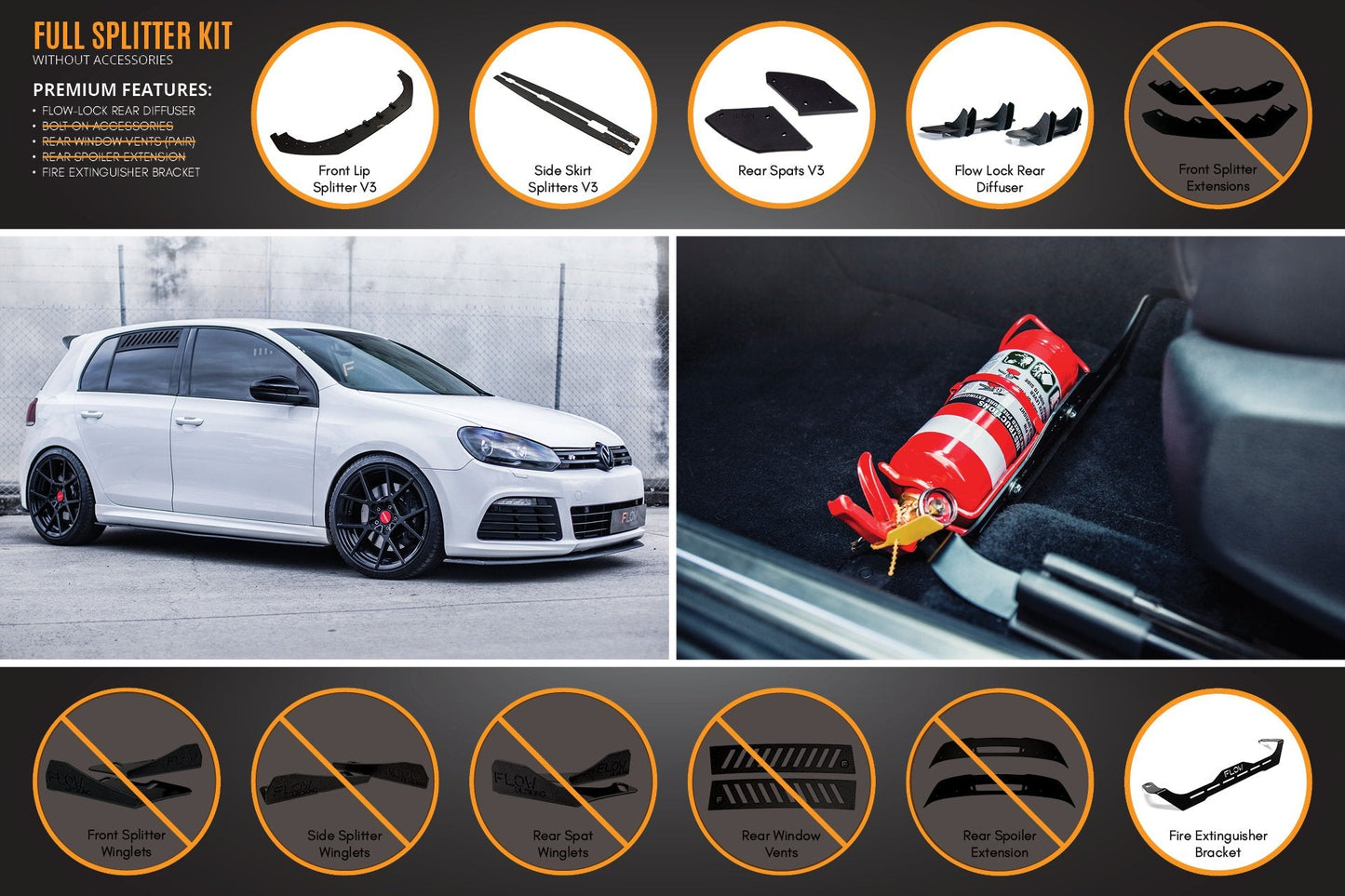 Flow Designs MK6 Golf R Full Lip Splitter Set WITHOUT Accessories