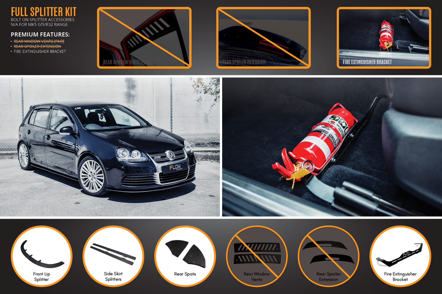 Flow Designs MK5 Golf R32 Full Lip Splitter Set