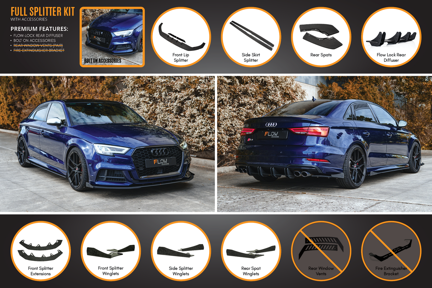 Flow Designs S3 8V Sedan Facelift Full Lip Splitter Set