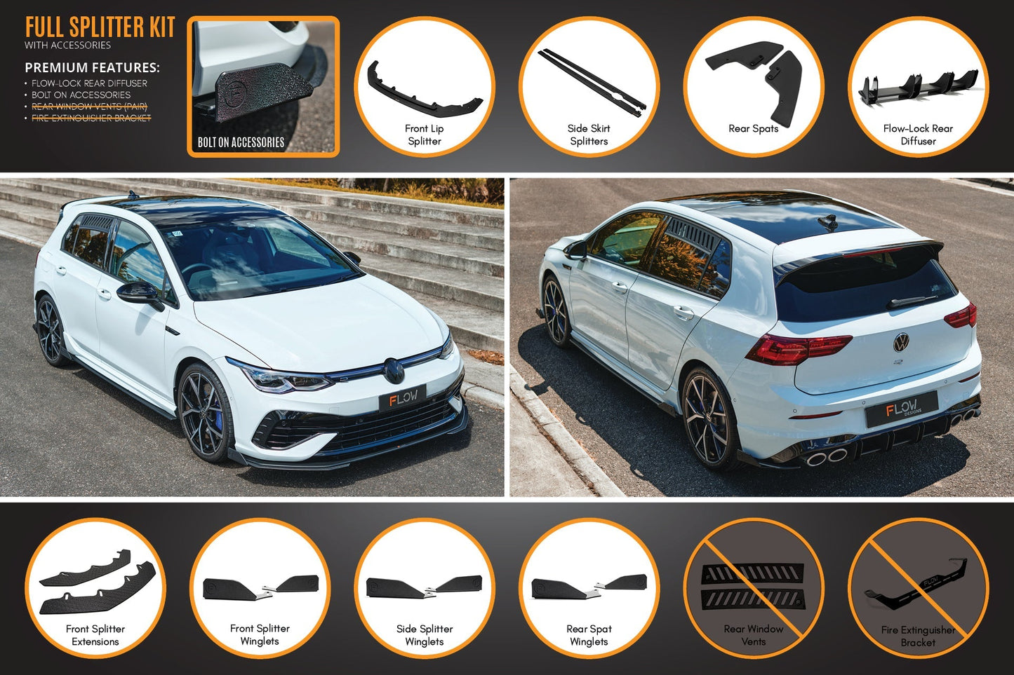 Flow Designs MK8 Golf R Full Lip Splitter Set