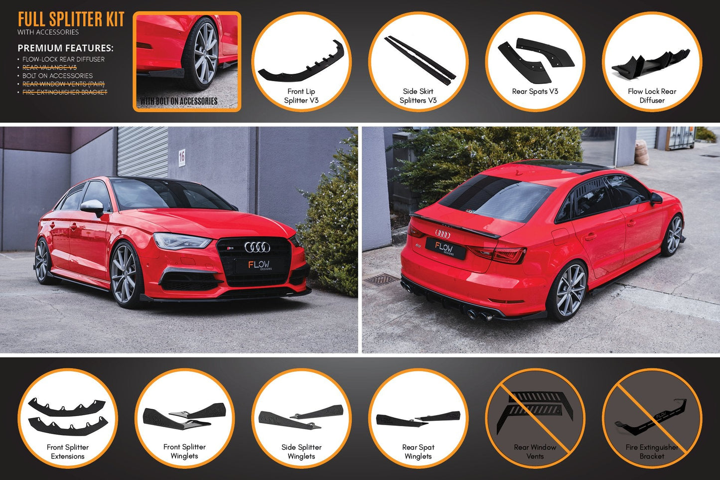 Flow Designs S3 8V Sedan Pre-Facelift V3 Full Lip Splitter Set