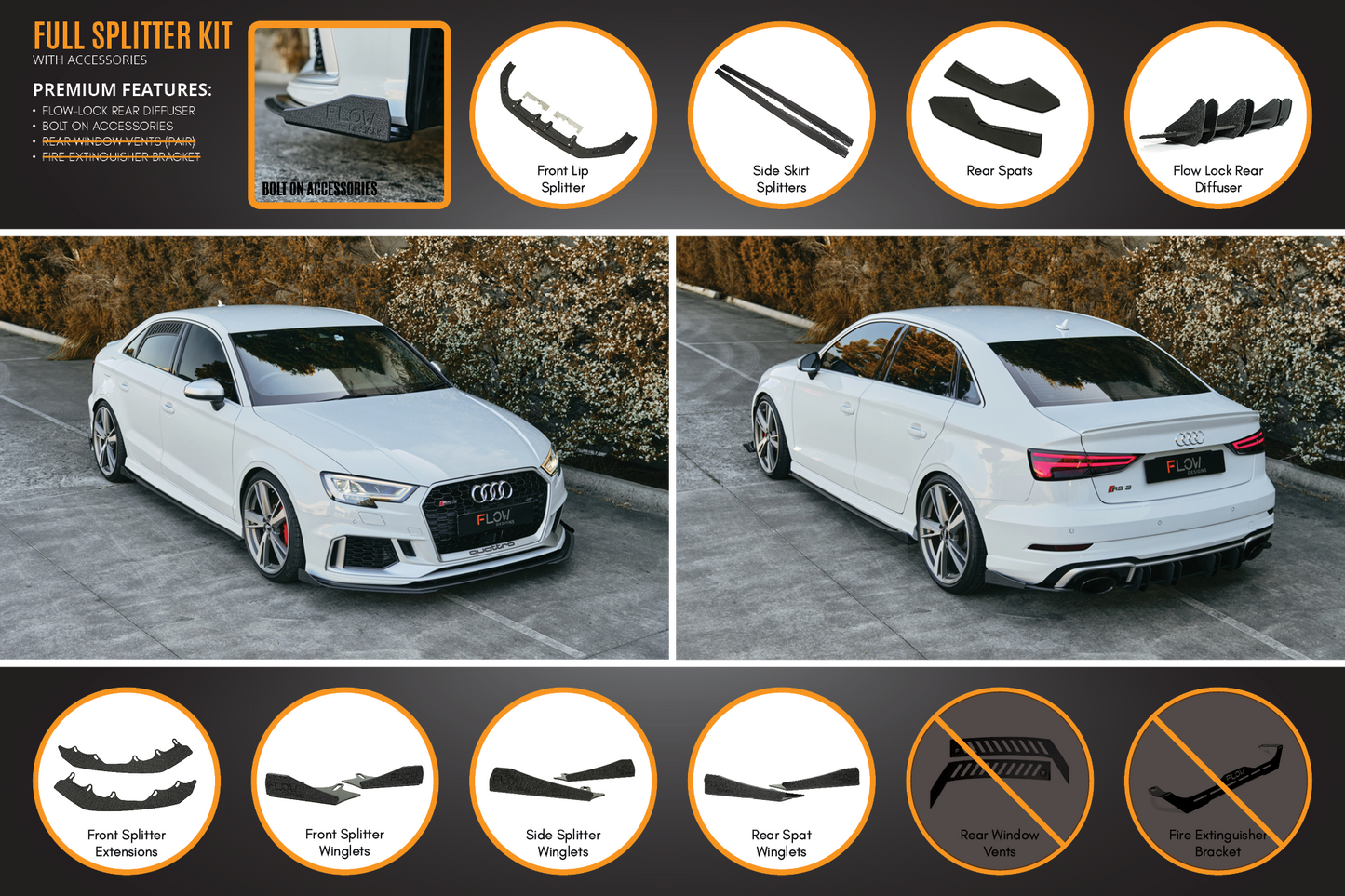 Flow Designs RS3 8V Sedan Facelift Full Lip Splitter Set