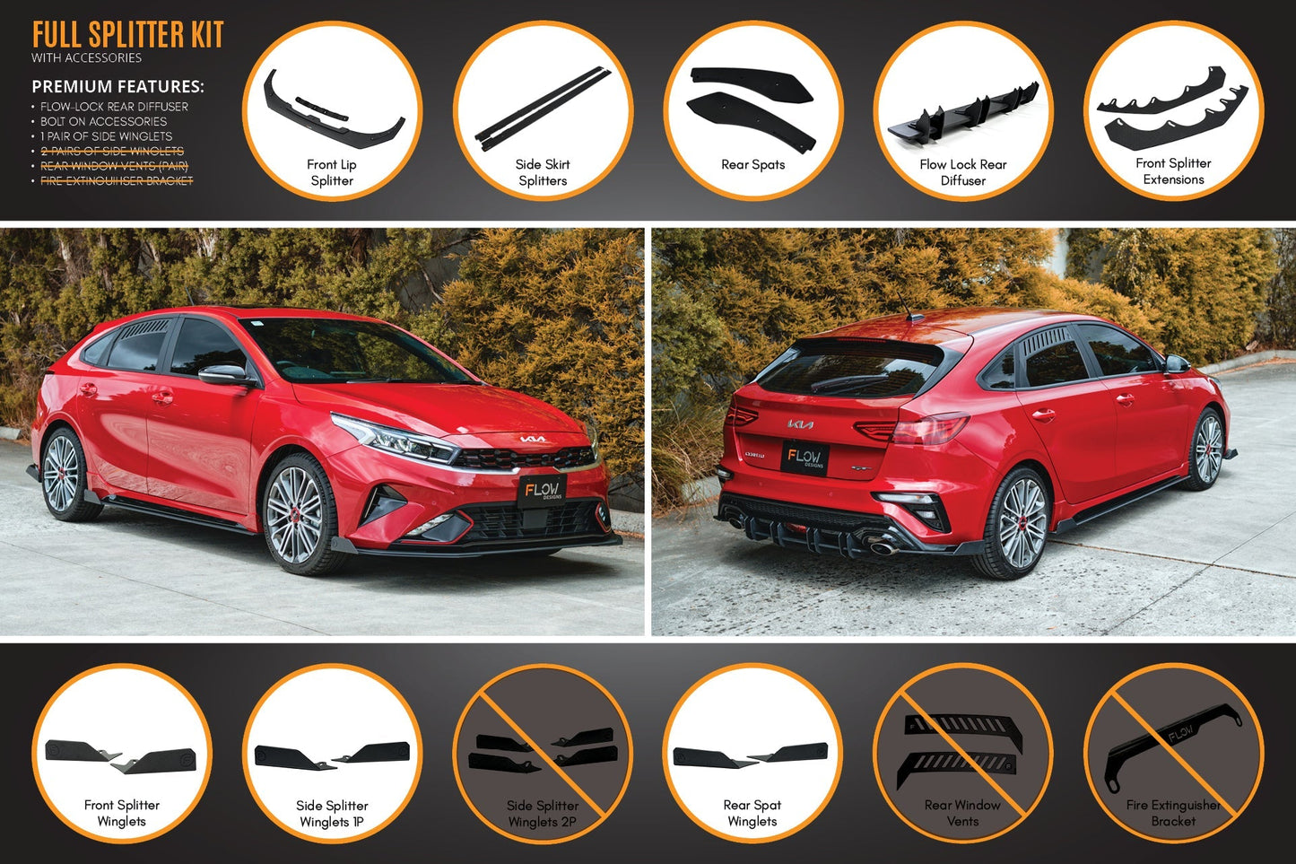 Flow Designs Cerato GT Hatch Facelift Full Lip Splitter Set