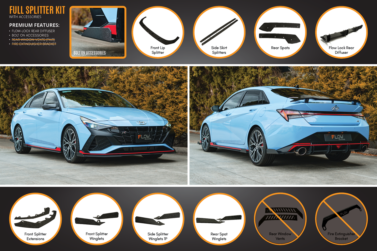 Flow Designs CN7 Elantra N Sedan 2021 Full Lip Splitter Set