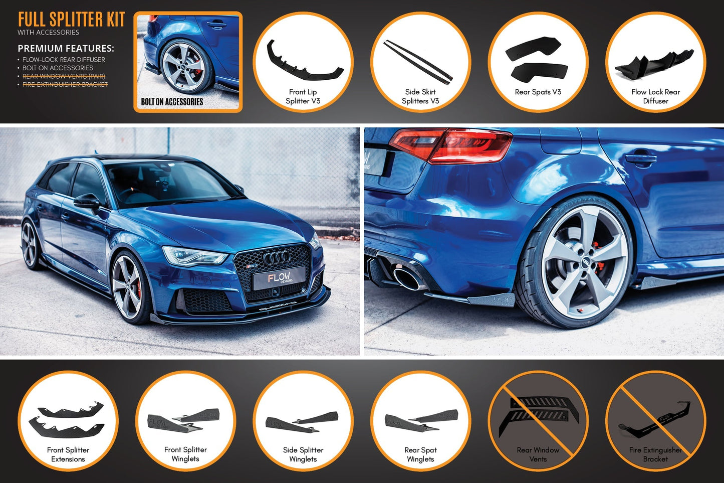Flow Designs RS3 8V Sportback (Pre-Facelift) Full Lip Splitter Set