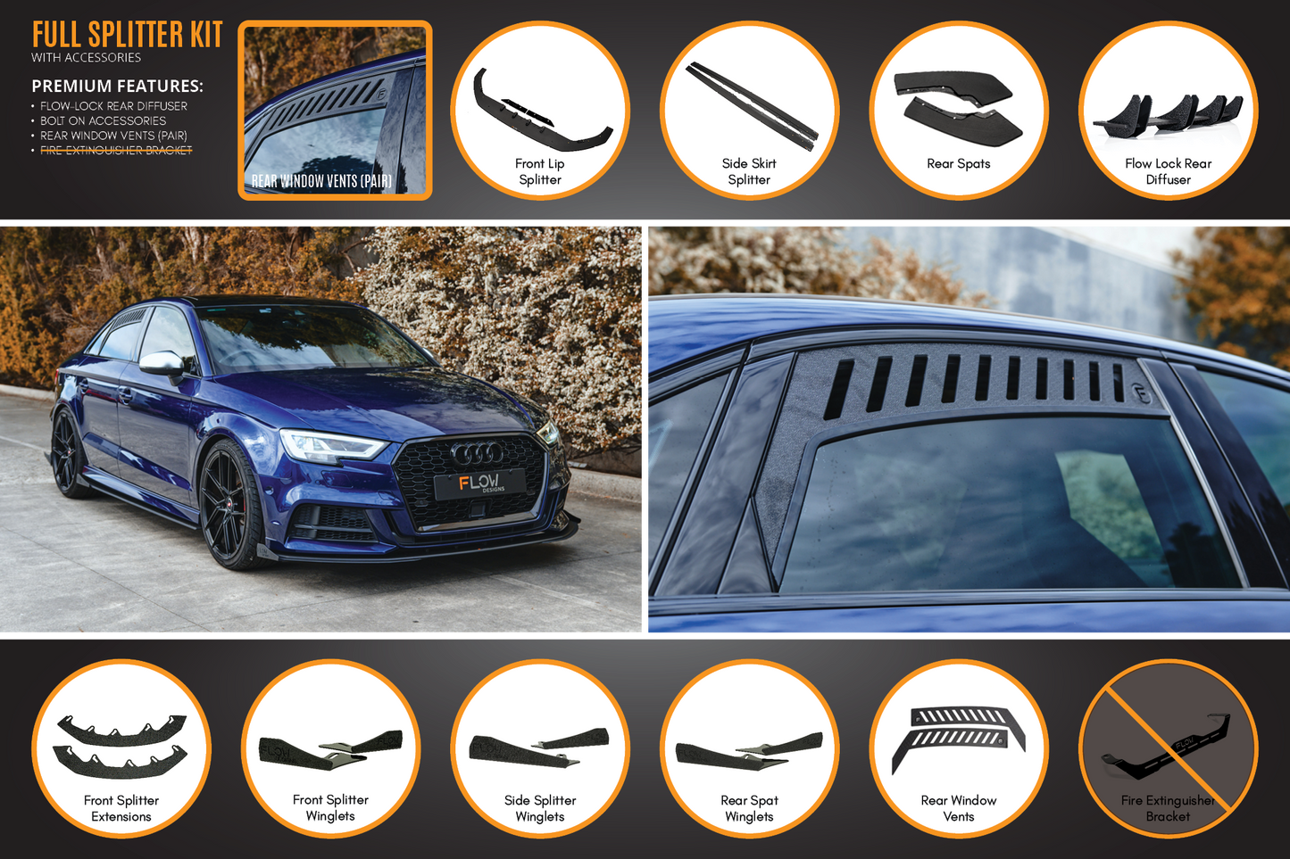 Flow Designs S3 8V Sedan Facelift Full Lip Splitter Set