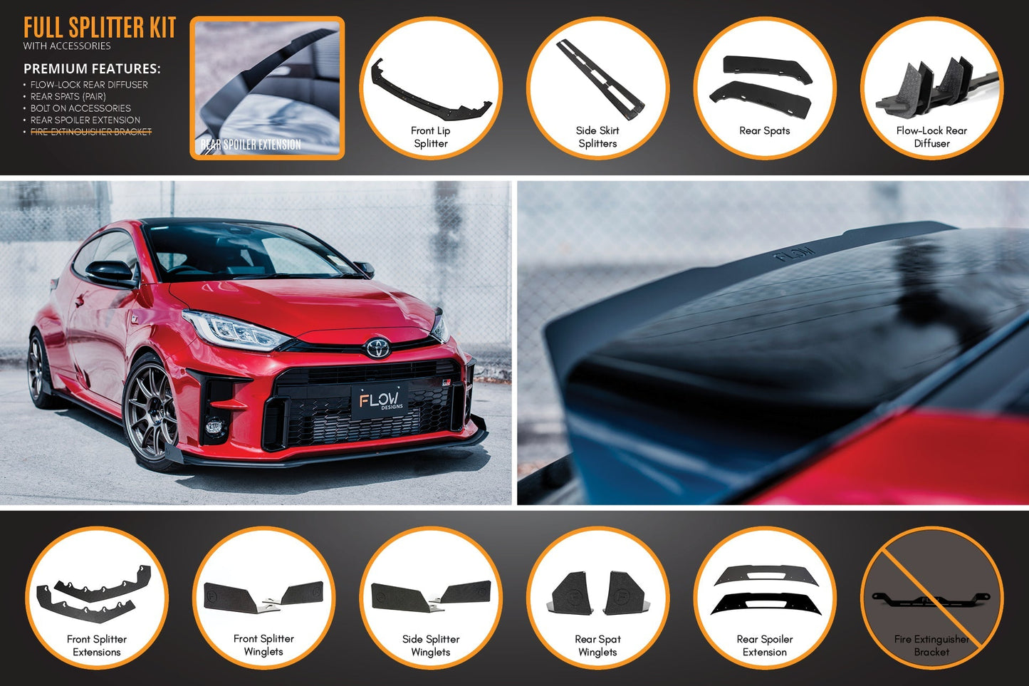 Flow Designs Yaris GR Gen1 Full Lip Splitter Kit With Rear Diffuser