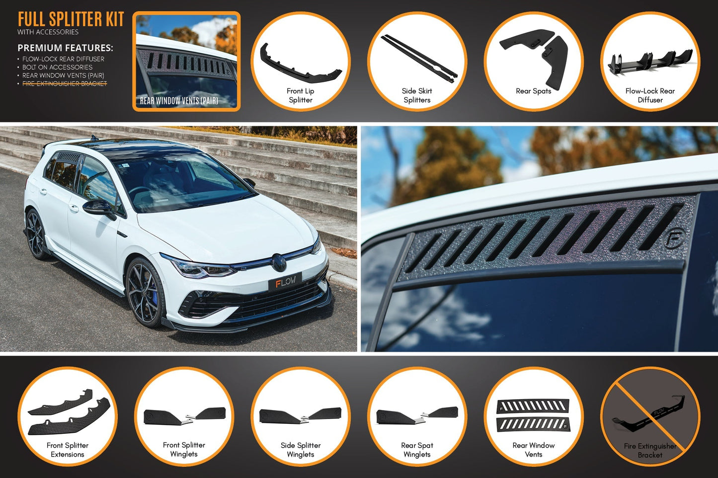 Flow Designs MK8 Golf R Full Lip Splitter Set