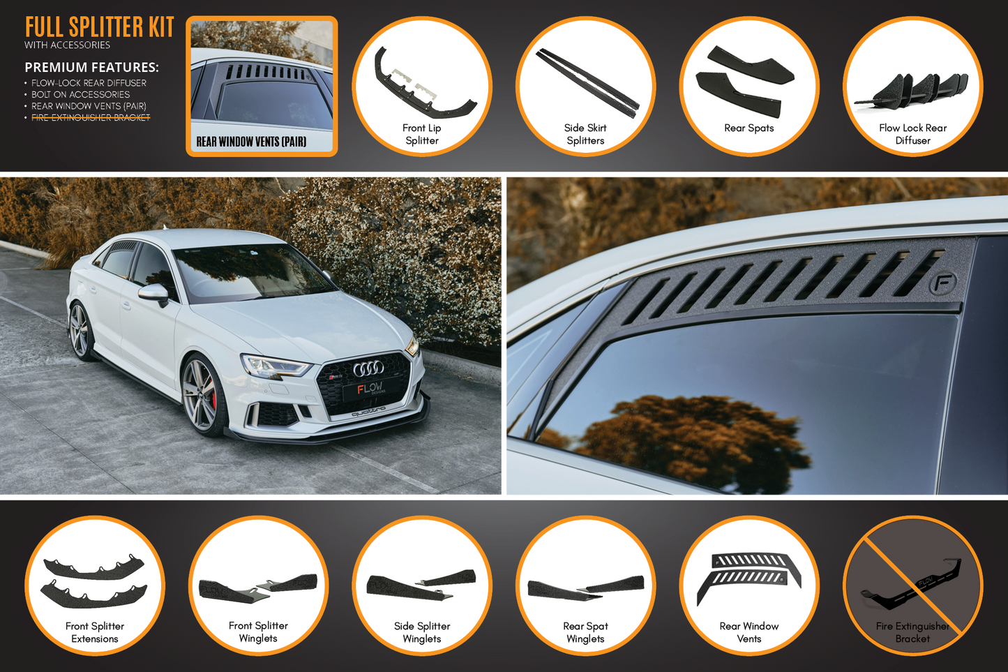 Flow Designs RS3 8V Sedan Facelift Full Lip Splitter Set
